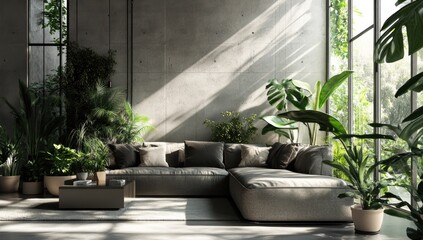 Modern Living Room Interior Design with Lush Greenery and Sunlight