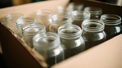 Empty glass jars standing in a cardboard box, ready for pantry organization, moving in, or bulk storage