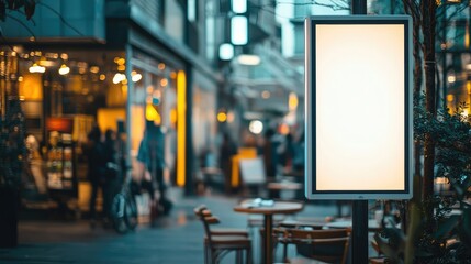 vertical city banner mockup on a busy street pole in front of a cafe or restaurant, ideal for promoting local businesses.