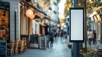 vertical city banner mockup on a busy street pole in front of a cafe or restaurant, ideal for promoting local businesses.