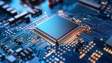 Obraz premium Close-up View of Modern Microprocessor on Circuit Board with Light Effects