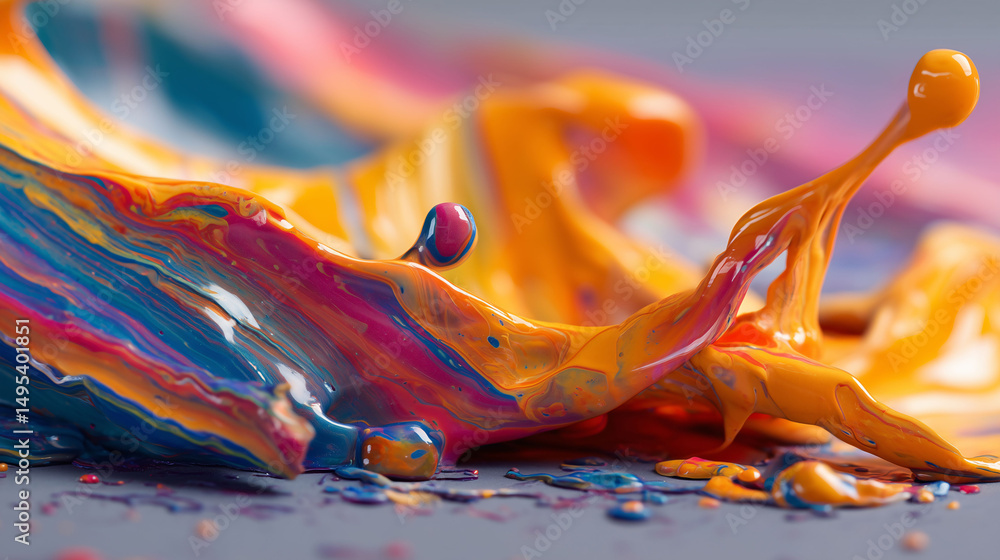 Poster a close-up view of multicolored paint streams splashing together revealing harmony through intense c