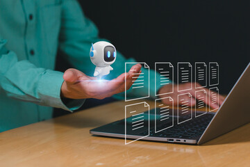 Businessmen use robots to analyze data, Conversation with AI intelligent robot system to analyze data. Chatbot helps to solve work problems.