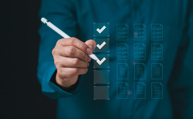 Electronic document on digital document, Businessman audits online docs with quality assessment...