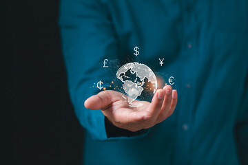 Man with virtual global currency symbols on hand, Business finance, Online internet banking interbank payment concept.