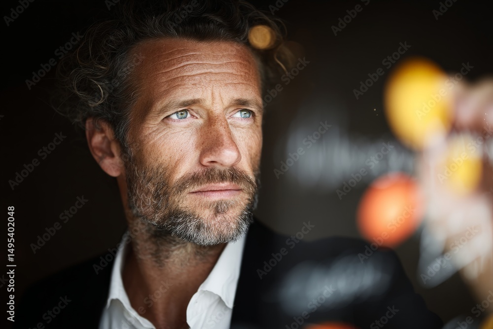 Poster thoughtful man observing details in a modern workspace during a professional meeting in daylight hou