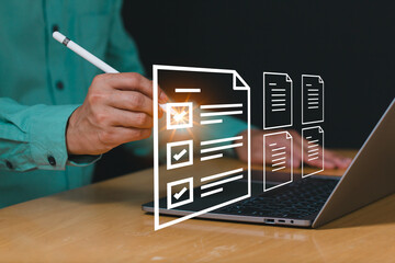 Electronic document on digital document, Businessman audits online docs with quality assessment management checklist, consults for plan review.
