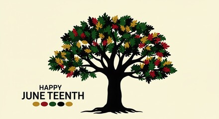 Symbolic Juneteenth Tree with Pan-African Colors Silhouetted on Beige Background, Celebrating Freedom and Emancipation with Graphic Minimalist Style and Optimistic Mood
