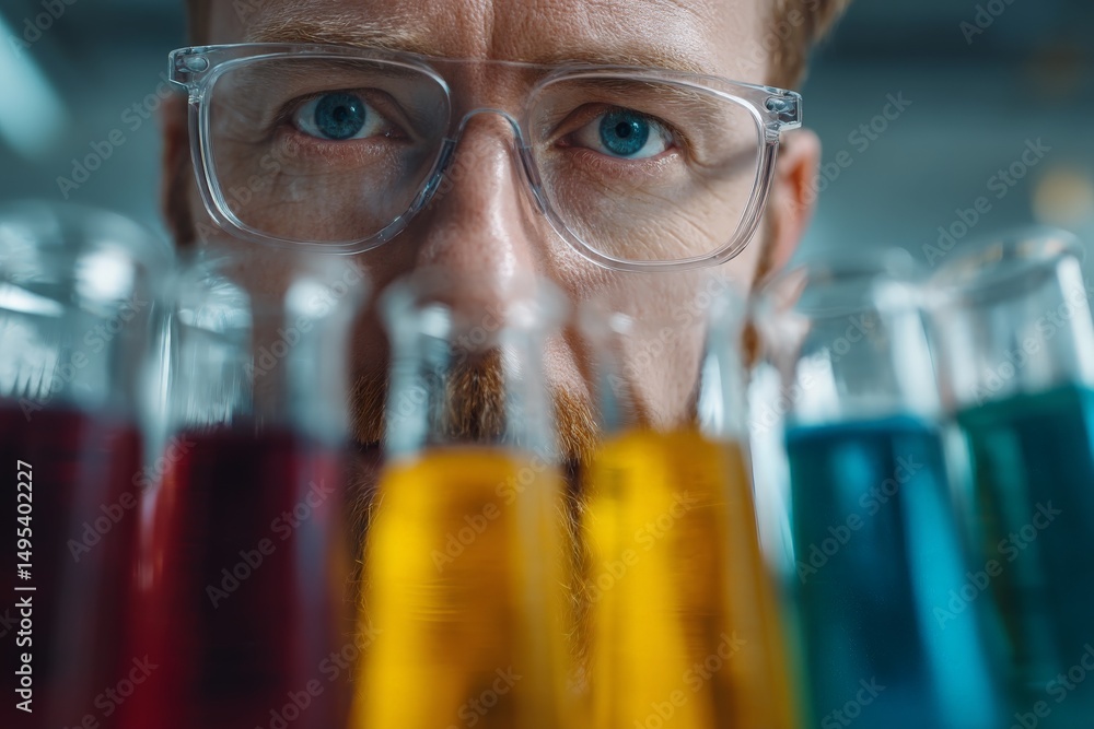 Poster scientist analyzing colorful liquids in laboratory during afternoon experiment
