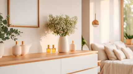 A minimalist bedroom dresser with white drawers, blush handles, and pastel-toned perfume bottles, shot straight-on with soft ambient light 41558448 1
