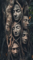 figure of a human face carved into a tree with copy space vertically 9:16