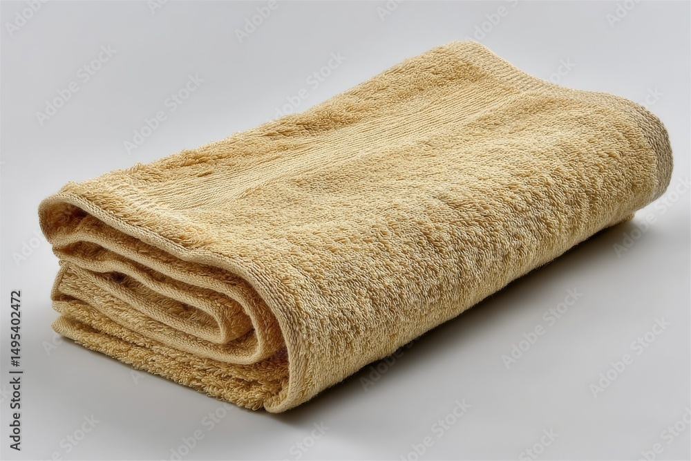 Poster soft beige towel neatly folded on a flat surface for a clean and organized look