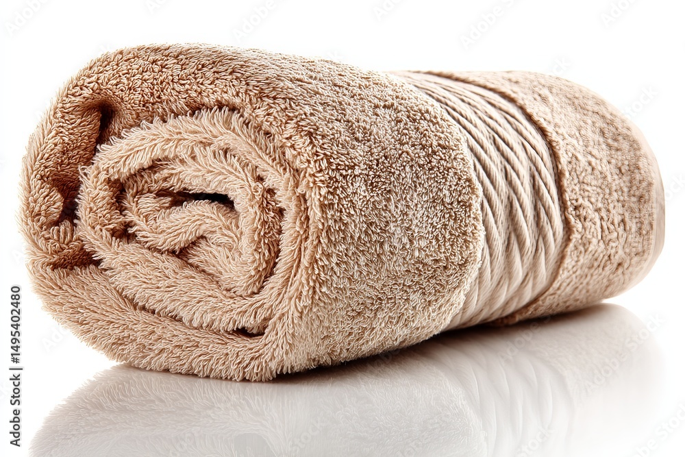 Poster soft towel rolled neatly beside a reflective surface, perfect for home or spa settings to enhance re