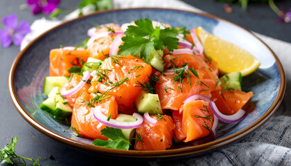 a, diced, salmon, dice, salad, a, new, modern, closeup, new, modern, trend, avocado, food, meal, meat, dill, seafish, dinner, vegetable, plate, dish, cuisine, healthy, lunch, cucumbers, cucumber, 3d, 