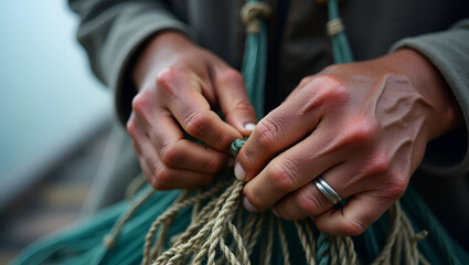 Elderly Hands Mending Fishing Net Amid Morning Mist | World Oceans Day