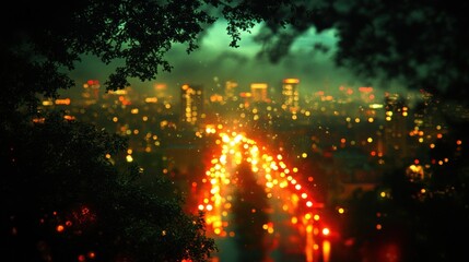 Nocturnal urban glow: a city symphony of lights through silhouetted foliage