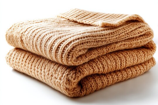 Soft knitted blanket in warm beige, perfectly folded on a clean surface for cozy comfort at home or during chilly weather