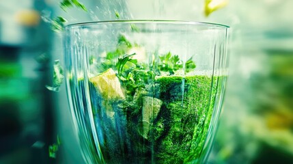 Smoothie in progress mid-action shot of a blender spinning fresh ingredients into a vibrant green smoothie, motion blur effect