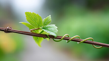 Vibrant green vine leaves wrapped around brown twine in nature