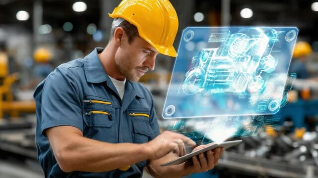 Innovator at Work: An engineer, clad in a yellow safety helmet, engages with a digital blueprint projected onto a tablet screen, poised to reshape the blueprint in a technological setting.