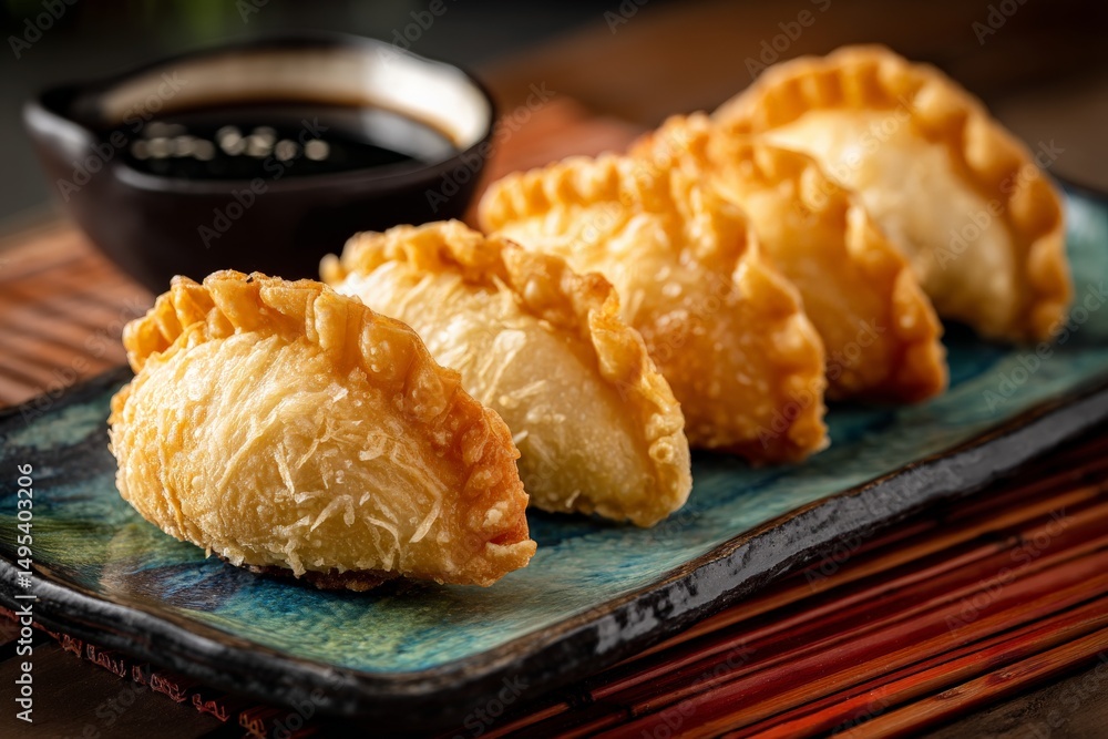 Poster delicious crispy dumplings served on a colorful plate with dipping sauce in a cozy setting