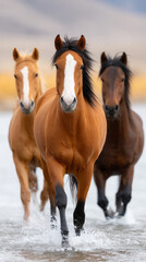 Fototapeta premium Dynamic side view of wild horses splashing water while crossing a river
