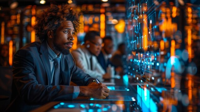 An elegant boardroom meeting with diverse executives strategizing over a digital financial dashboard projection