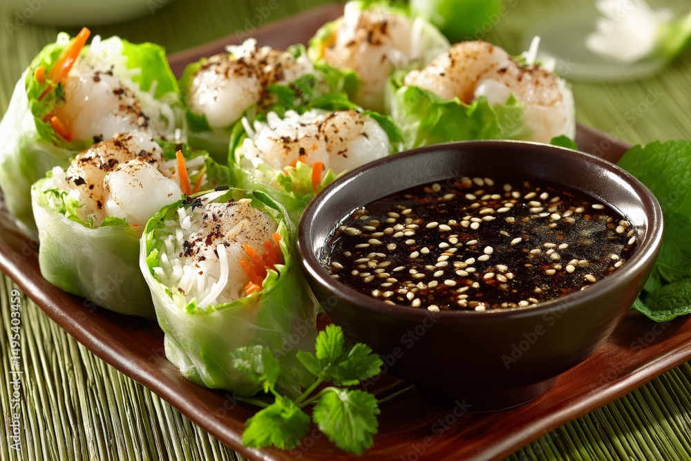 Aufkleber fresh spring rolls with shrimp served with a savory dipping sauce on a wooden table