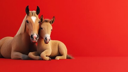 Mare and foal cuddle on red background; family, love