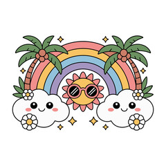 Cute Rainbow with Sun Clouds and Palm Trees Cartoon Illustration