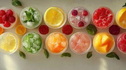 vibrant array of iced fruit drinks, featuring flavors like lemon-lime, raspberry, and watermelon, set against a soft grey surface.