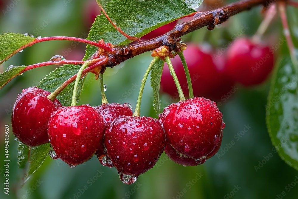 Poster freshly harvested cherries glisten with droplets of water on a tree branch after rain in a vibrant o