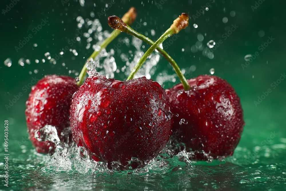 Aufkleber fresh red cherries splash in water creating dynamic droplets on a vibrant green background
