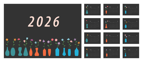 2026 Floral Calendar Template. Week starts on Monday. Replaceable text. Landscape resolution