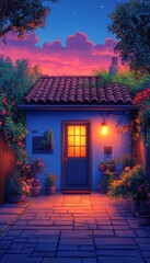 Fototapeta premium Cozy cottage at dusk, garden, evening, peaceful, warm light, exterior, illustration