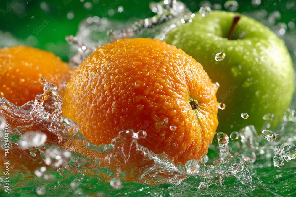 Poster Fresh oranges and green apple splashing in water with droplets creating a vibrant and refreshing look