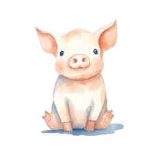 Adorable Watercolor Piglet with Blue Eyes and Sitting Posture Facing Forward