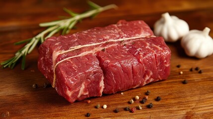 Obraz premium Cooked Roast. Baked Beef Fillet with Garlic and Rosemary on Wooden Background