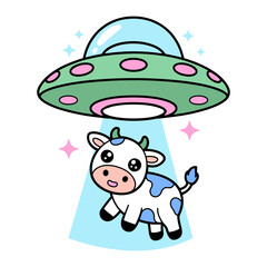 Cute Cartoon Cow Abducted by UFO Illustration © Thi