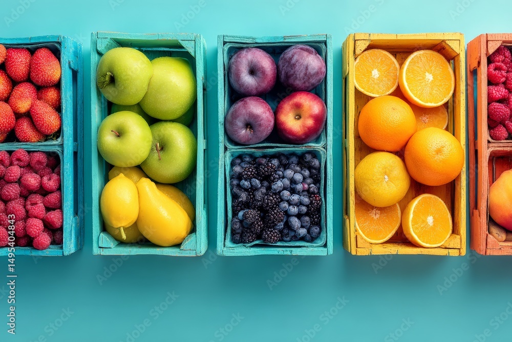 Poster colorful fruit display in wooden crates arranged on a bright blue background showcasing fresh produc