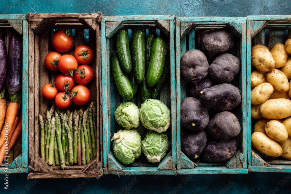 Poster Fresh vegetables displayed in rustic wooden crates at a local market during daylight hours