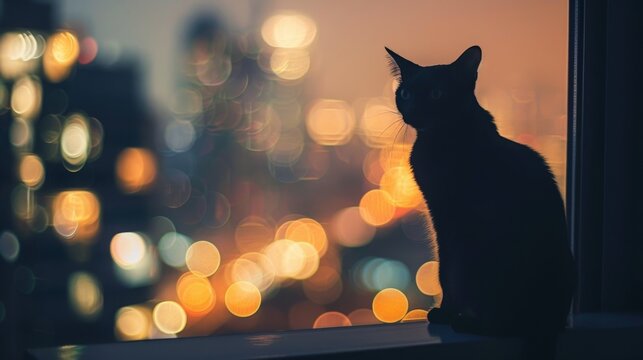 An elegant Siamese cat perched on a window sill, gazing out at a bustling cityscape at dusk, the fading sunlight and city lights blending to create a captivating backdrop, reflecting the cat's gracefu