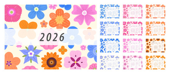 2026 Floral Calendar Template. Week starts on Monday. Replaceable text. Landscape resolution
