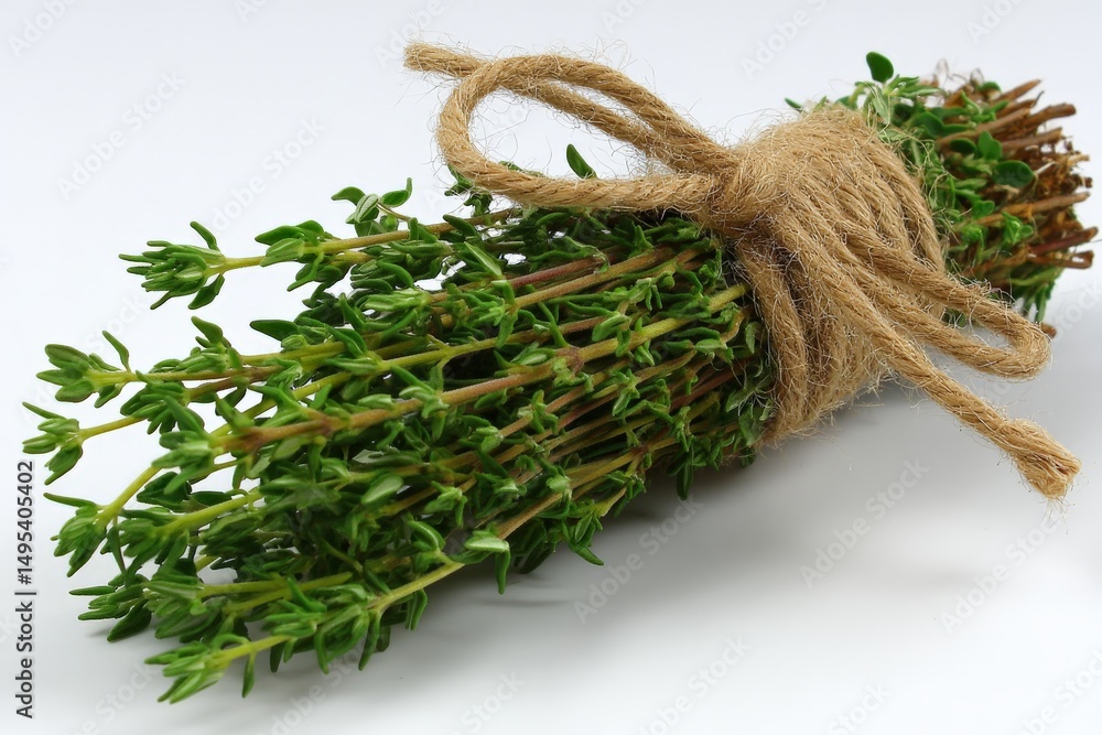 Poster Freshly harvested thyme bundle tied with twine on a clean background ready for culinary use