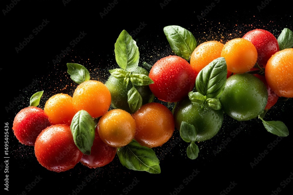 Poster Fresh tomatoes and basil create a vibrant display against a dark background for a culinary inspiration