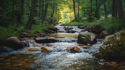 Obraz premium Sunlight dances on a clear stream winding through a tranquil verdant forest