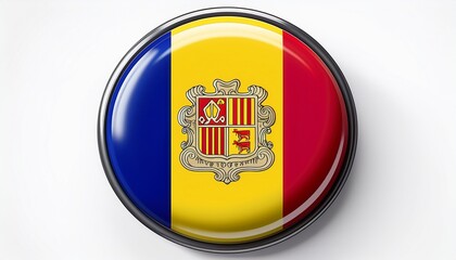 Obraz premium Runder Button mit Flagge von Andorra – glänzend, 3D-Optik, isoliert auf Weiß