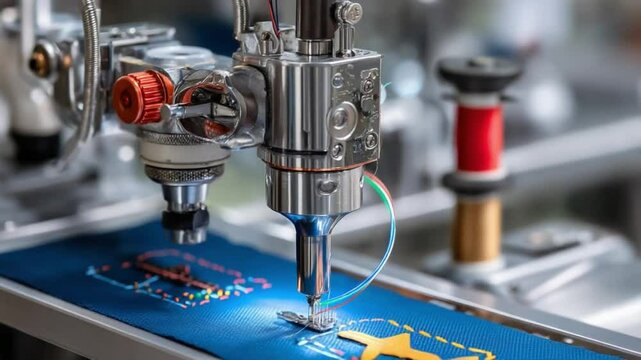 Precision Craftsmanship: An intricate shot of a computerized embroidery machine at work, its needle dancing across fabric, transforming designs into tangible artistry.