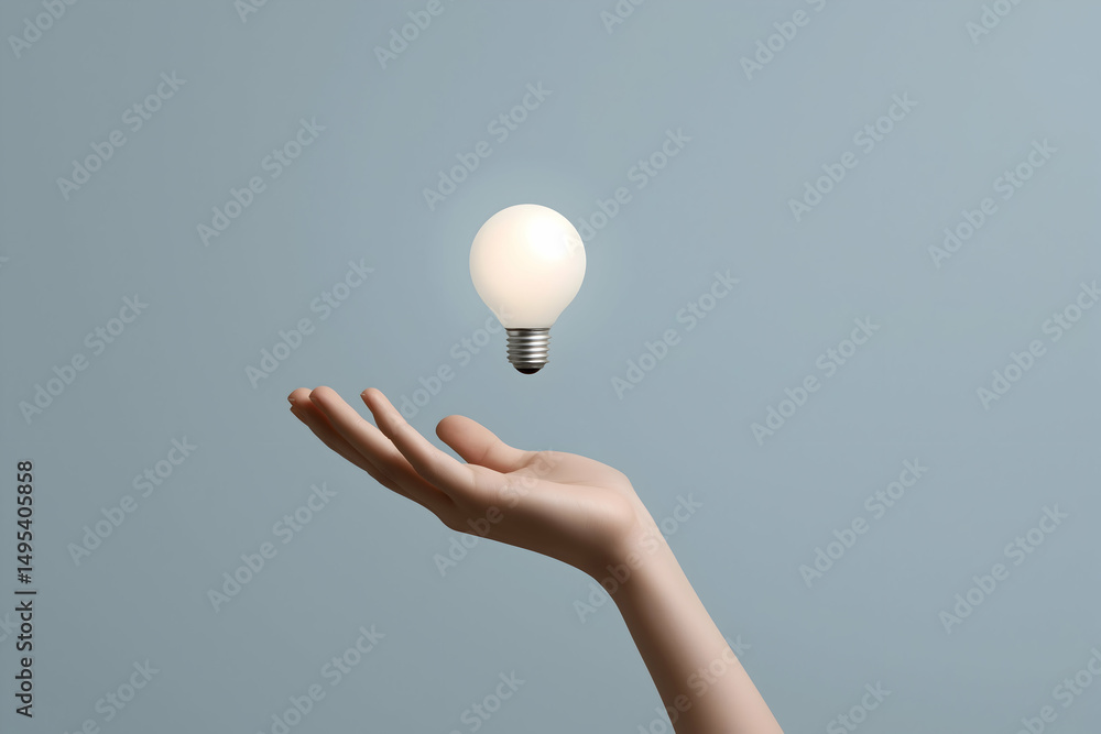 Poster a hand is held open with a glowing light bulb floating above the palm against a plain background.