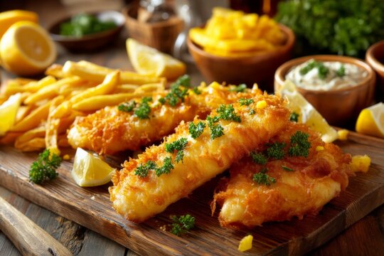 Delicious crispy fish and chips served with lemon and tartar sauce on a wooden platter in a cozy dining setting